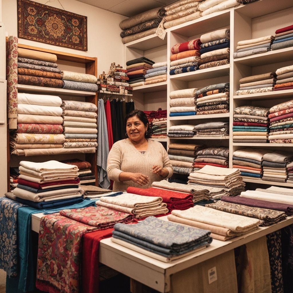 Mujer hispana vendiendo telas